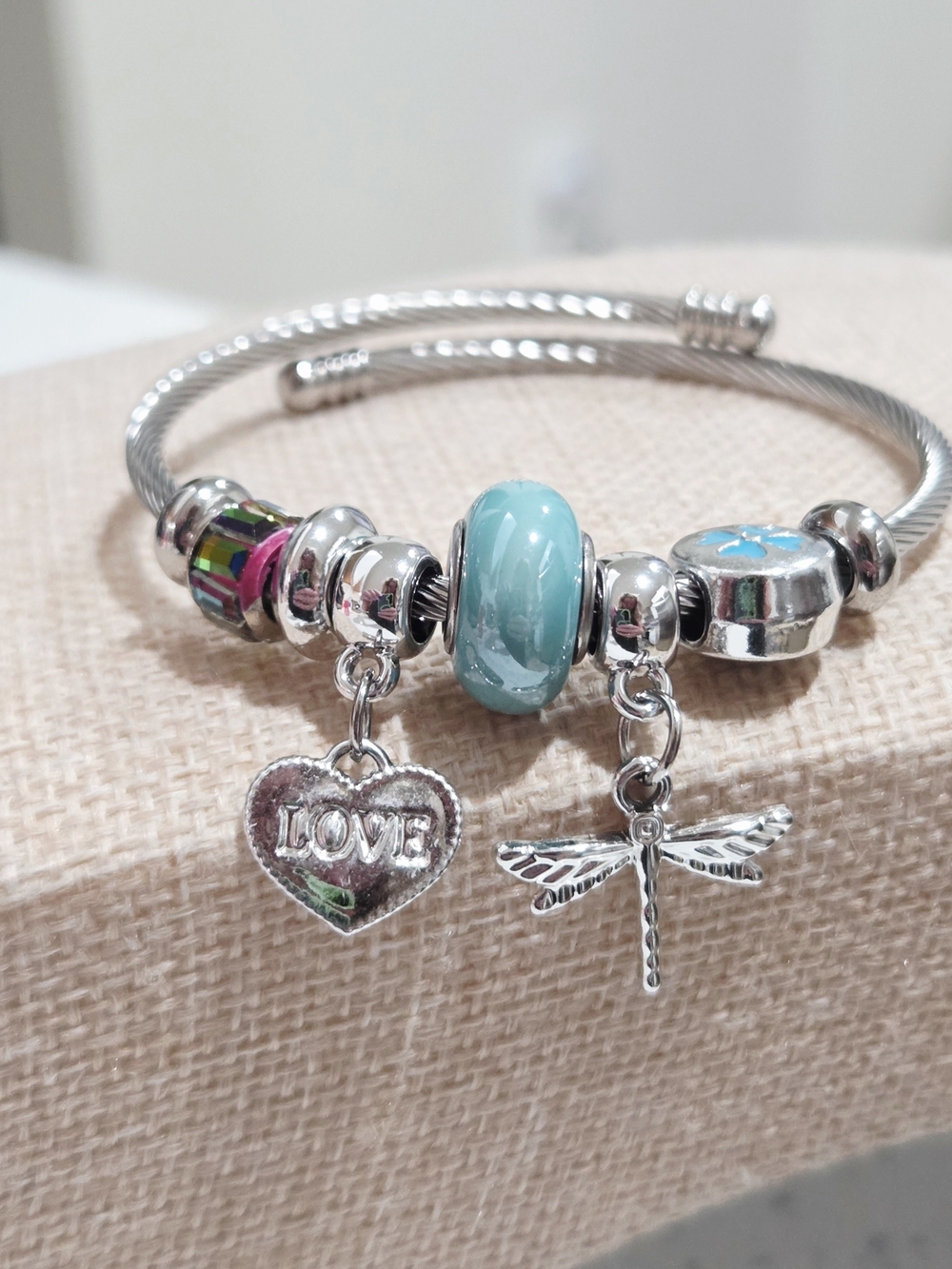 Dragonfly & Heart Charm Bracelet with Aqua Glass Bead